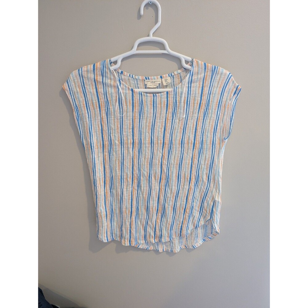 Christian Siriano Med Woman’s White Blue Orange Verical Striped 100% Linen Top